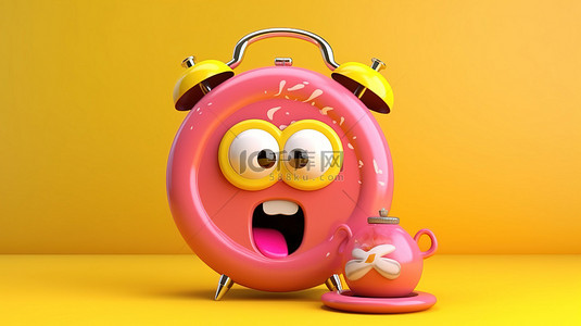 吉祥物角色的 3D 渲染，草莓粉色甜甜圈，釉料和黄色背景上的闹钟