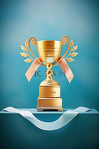 在蓝色背景上的金色奖杯与丝带