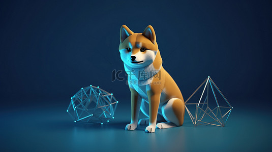 蓝色背景下的以太坊主题 3d shiba inu