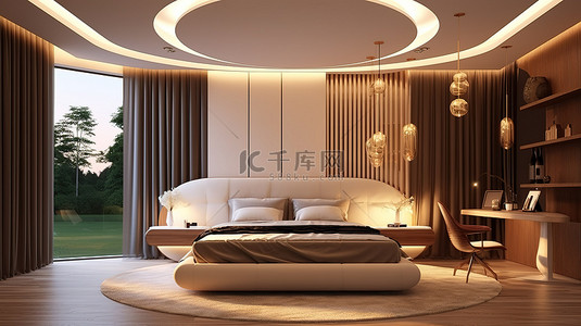 现代风格的豪华卧室在夜光 3D 可视化中呈现