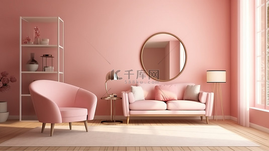 优雅的粉红色卧室装饰有别致的装饰和家具镜子床扶手椅和桌子，3D 插图