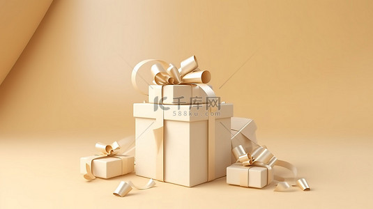 金色生日背景背景图片_金色丝带装饰 3d 礼品盒在柔和的奶油色米色背景 3d 渲染图像