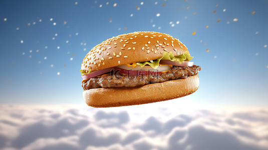 吃奶酪背景图片_带有汉堡肉饼的飞行面包的 3d 渲染