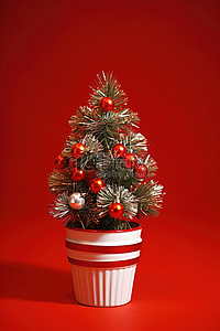红色背景上有一棵盆里的金属丝圣诞树