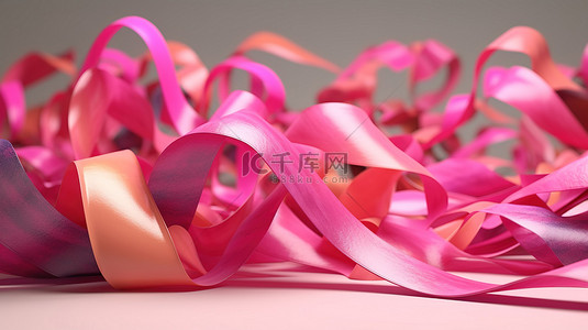充满活力的 3D 插图，粉红丝带在五彩条纹的万花筒中翱翔