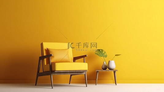 简约时尚家居背景背景图片_黄色背景客厅内部的简约 3D 渲染，配有时尚的椅子