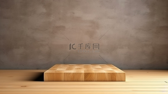 木制底座产品展示在木墙架上，配有架子 3D 插图背景