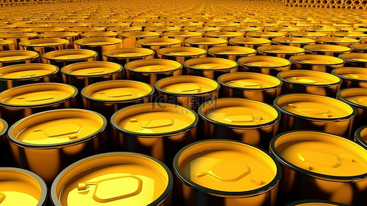 黄色气体燃料桶在堆叠阵列中的排列 3D 渲染插图