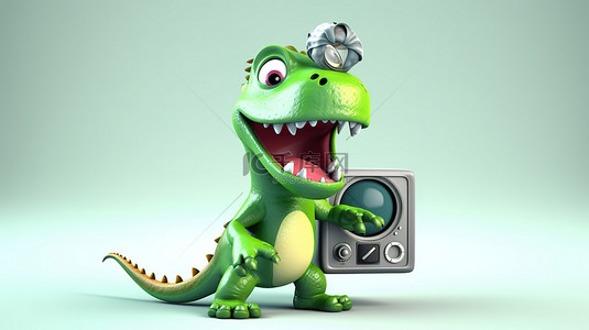 可爱的卡通形象背景图片_可爱的 3D 恐龙微笑着拿着微型电视