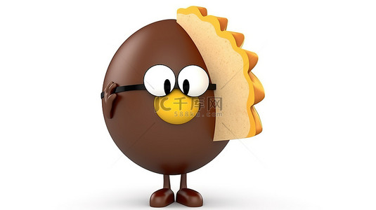 3D 渲染的一个人的吉祥物，其特征是棕色鸡蛋，带有白色背景下的商业信息饼图