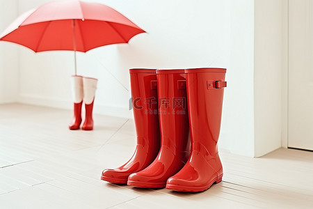 橡背景图片_地板上有两只红色橡胶靴和一把草伞