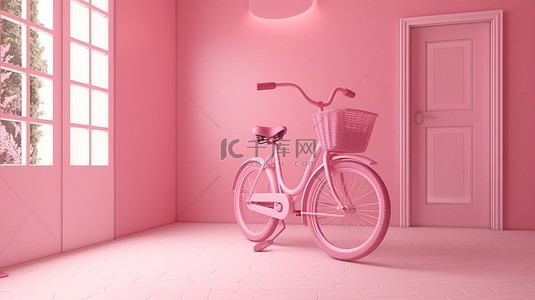 骑自行车插画背景图片_粉红色主题 3D 室内插画与自行车