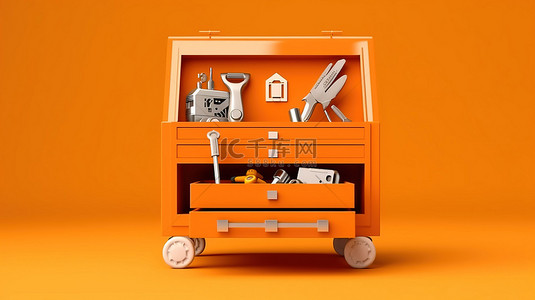 3D 渲染单色工具箱，用于在充满活力的橙色背景上提供车库服务