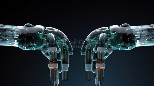 两只机械手在 3D 渲染的试管上进行实验