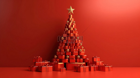 金色新年礼物背景图片_带有圣诞树和新年礼物的红色背景横幅的 3D 渲染