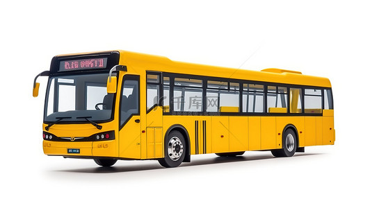 白色背景下的 3D 渲染中型黄色城市巴士