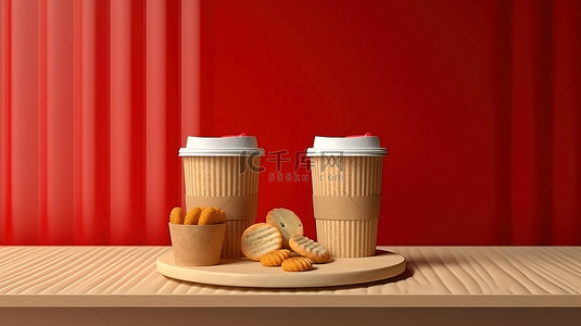 午餐袋背景图片_一对夫妇拿着外卖咖啡杯和零食袋的 3D 渲染