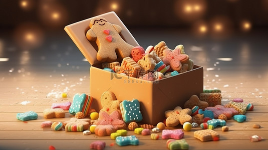 3D 渲染的礼品盒，里面装满了节日姜饼和糖果，庆祝快乐的圣诞节和新年