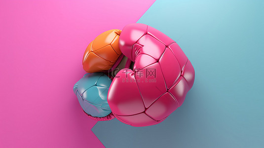粉色背景上一对混合拳击手套的充满活力的特写 3D 渲染的运动概念