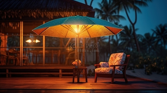 带雨伞和木屋背景的户外躺椅的夜间 3D 插图
