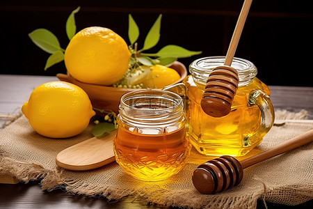 柠檬柠檬茶背景图片_在装有柠檬和蜂蜜的罐子里滴几滴蜂蜜