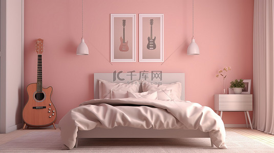 原声吉他放在粉红色的卧室里，3D 渲染