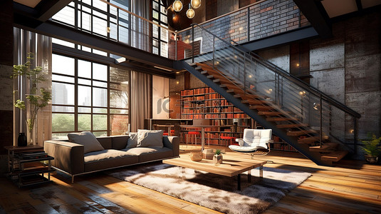创新的家居室内设计以现代阁楼为灵感的设计以 3D 呈现