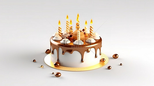 3D 渲染白色背景卡通蛋糕，配有金色蜡烛，举办难忘的生日庆祝活动