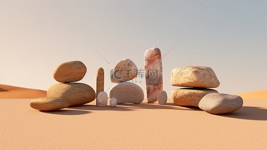 沙漠背景背景图片_用于产品展示场景的沙漠岩石的 3D 渲染插图