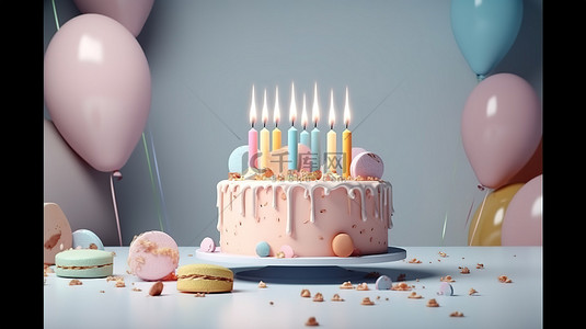 烛光蛋糕的柔和主题生日派对横幅 3d 渲染