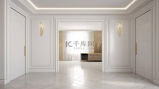 滑动衣柜背景图片_优雅的大厅，白色墙壁和金色框架 3D 渲染的豪华滑动衣柜