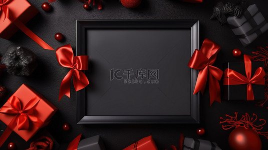 海鲜销售背景图片_使用带有礼品框和红色蝴蝶结的深色 3D 优惠券庆祝黑色星期五销售