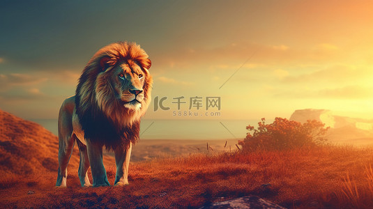 日落中狮子的 3d 渲染