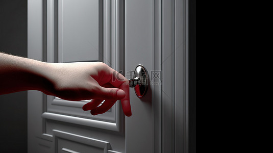 新发展背景图片_3D 渲染一只手交叉手指穿过敞开的门，象征着新的商业希望和梦想