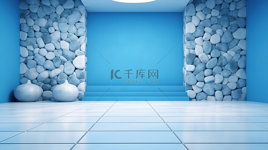 老卧室背景图片_白色的石头地板映衬着蓝色的墙壁，令人惊叹的 3D 渲染