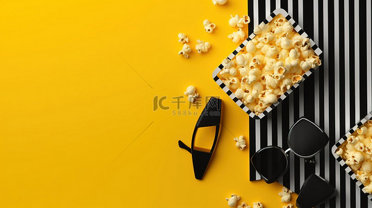 娱乐必需品的顶视图，包括电影拍板爆米花电视遥控器和带有戏剧性阴影的黄色背景下的 3D 眼镜