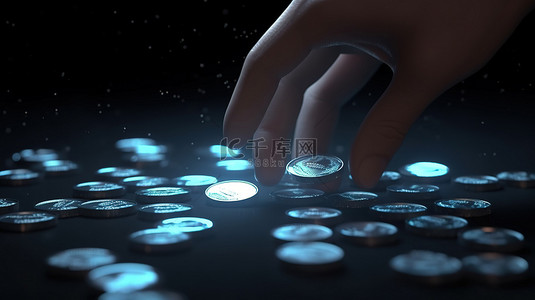 数字货币概念 3D 手图，选择带有背景复制空间的加密货币硬币