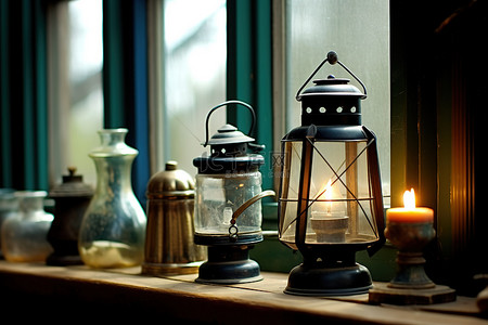 窗台上的旧灯蜡烛和其他装饰品
