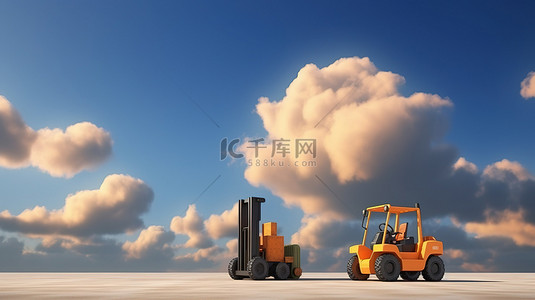 公路天空背景图片_以天空为背景的 3D 渲染叉车和卡车插图