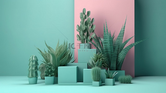 春季主题3D产品展示背景，立方体讲台和沙漠植物