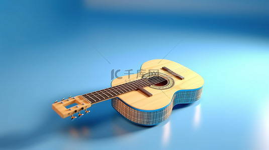 蓝色切割背景图片_蓝色背景上带有音符的老式原声吉他的 3D 插图
