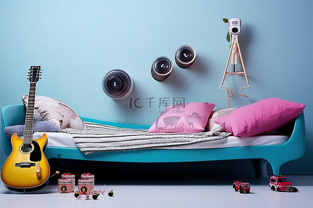 直升机模型背景图片_一张小床，床上放着吉他和玩具