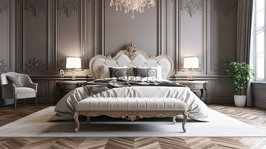 经典的欧式卧室，配有令人惊叹的 3D 渲染床