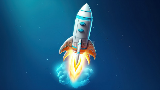 飞行图背景图片_蓝色背景下飞行中的火箭图标的 3d 插图
