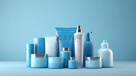 白色和蓝色背景下化妆品和容器的 3D 插图