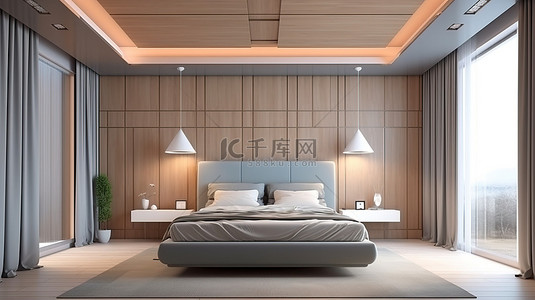 现代奢华背景墙背景图片_时尚优雅的 3D 渲染，呈现简约的卧室设计，带有奢华的触感