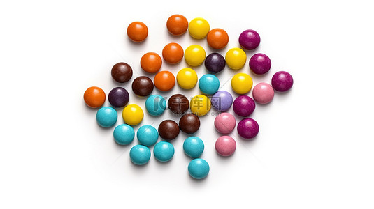 从顶视图白色背景上分离出的彩色巧克力糖丸的三维插图