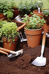 园林工具 工具和花盆都用于准备种植土壤