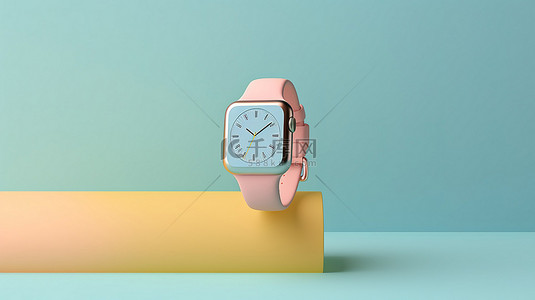 渐变智能背景图片_1 创新和时尚的夏季概念 3D 渲染蓝色智能手表在柔和的背景