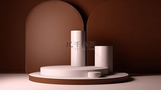 产品广告显示在白色讲台上，棕色背景，3D 渲染图像